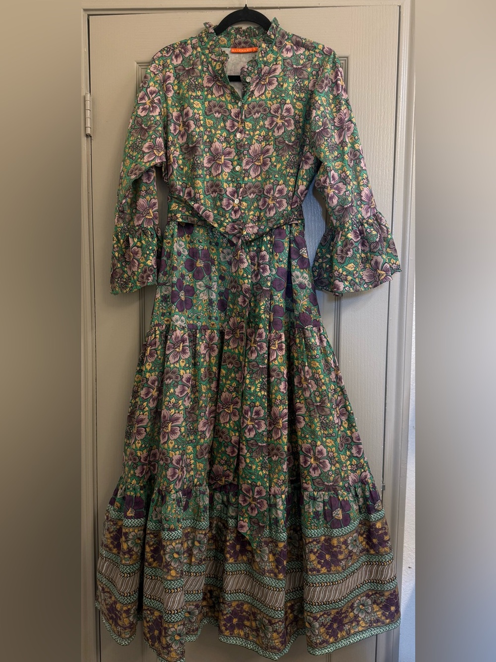 OLIPHANT ruffle collar bell maxi dress in matera green - Picture 6 of 8